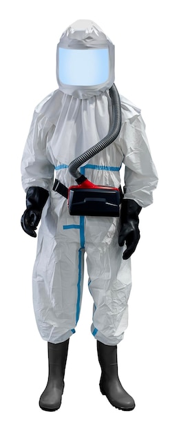 Traje de protección contra productos químicos blanco con filtro de partículas aislado sobre fondo blanco con trayectoria de recorte