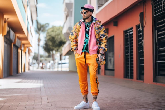 Traje streetwear com cores e padrões ousados para um visual de destaque criado com IA generativa