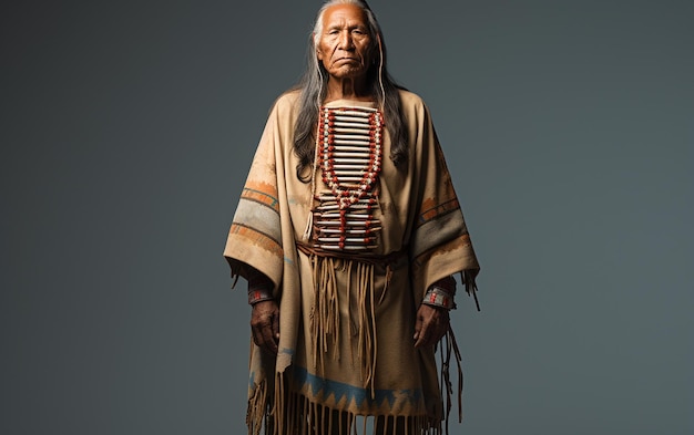 Traje tradicional de nativo americano em grande angular de corpo inteiro
