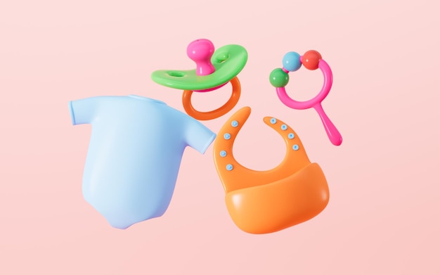 Trajes para bebés, chupetes para bebés y demás productos para bebés renderización 3D
