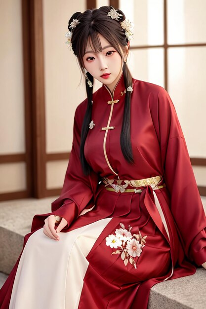 Trajes chinos antiguos hermosa joven en Hanfu mujer sexy ilustración fondo de pantalla