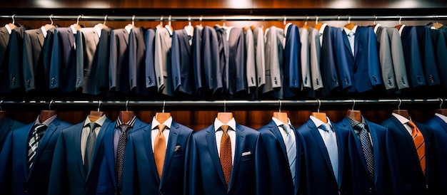 Trajes de hombre en una percha en una ventana de una tienda Closeup