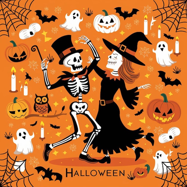 Trajes mágicos de Halloween, doces e contos assustadores.