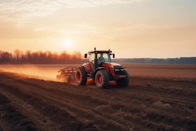 Traktor auf einem landwirtschaftlichen Feld, Aussaat, Ernte