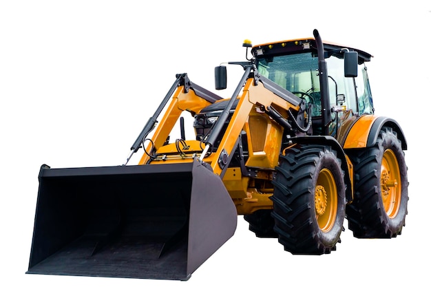 Traktor, Bagger auf weißem Hintergrund, isolierte landwirtschaftliche Maschinen für den Bau von hoher Qualität