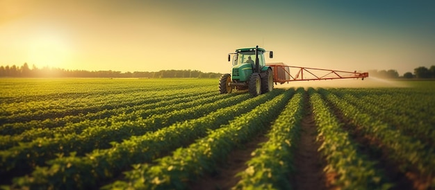 Traktor besprüht bei Sonnenuntergang ein Sojabohnenfeld