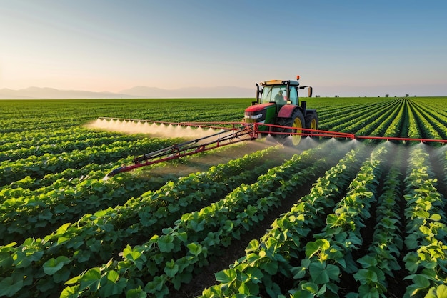 Foto traktor besprüht im frühling pestizide auf sojabohnenfelder