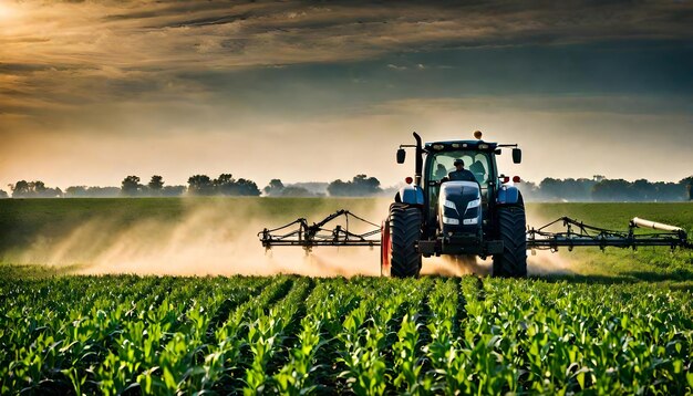 Traktor besprüht Pestizide auf einer Maisplantage bei Sonnenuntergang