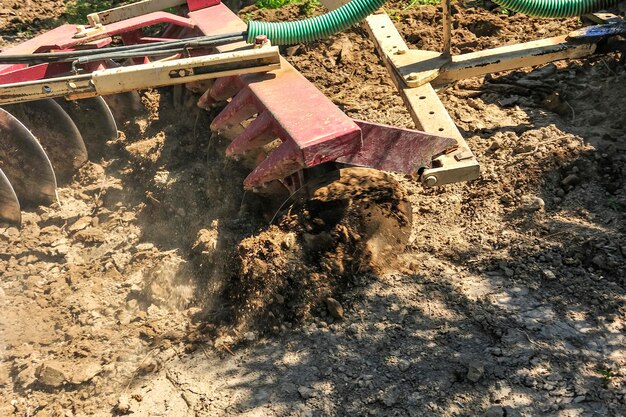 Traktor, der Bodenbearbeitungsaufgaben in den Scheibeneggen des Olivenhains durchführt