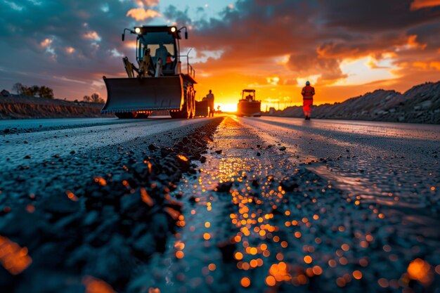 Traktor fährt auf der Straße bei Sonnenuntergang Generative KI