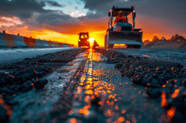 Traktor fährt auf nasser Straße bei Sunset Generative AI