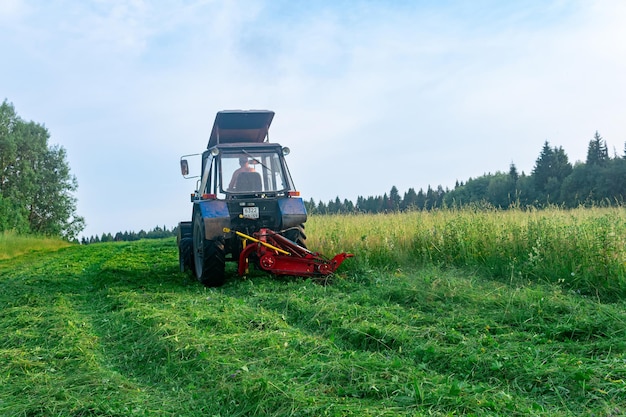 Traktor mit montiertem Mäher mäht Wiesenstauden