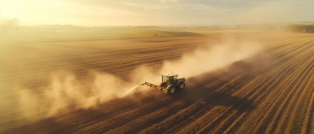 Traktor pflügt bei Sonnenuntergang Felder