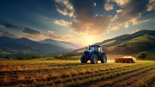 Traktor pflügt malerisches Ackerland bei Sonnenaufgang