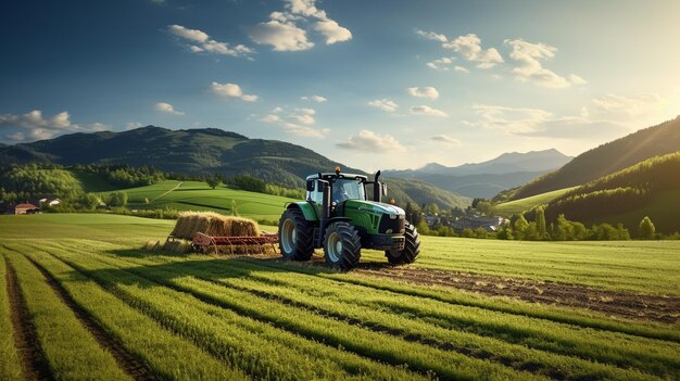 Traktor pflügt malerisches Ackerland bei Sonnenaufgang