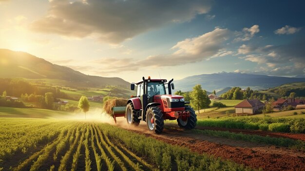 Traktor pflügt malerisches Ackerland bei Sonnenaufgang