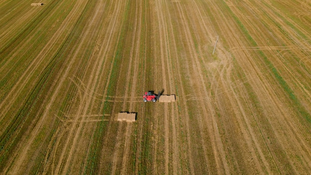 Traktor sammelt gepresste Heuziegel Briketts mit Heu