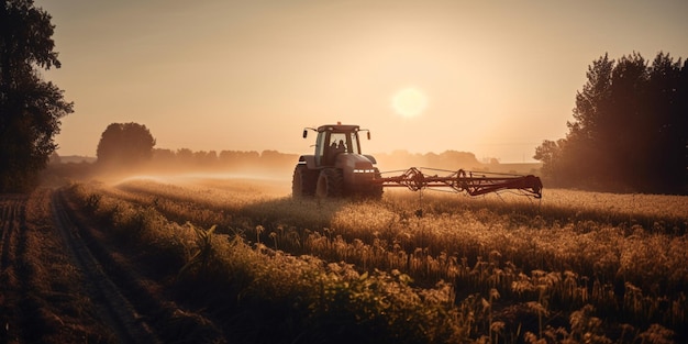 Foto traktor sprüht bei sonnenuntergang pestizide auf maisfelder