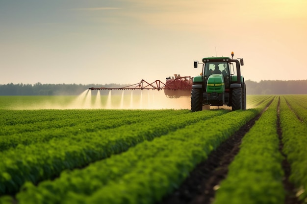 Traktor sprüht im Frühjahr Pestizide mit Sprühgerät auf Sojafeld