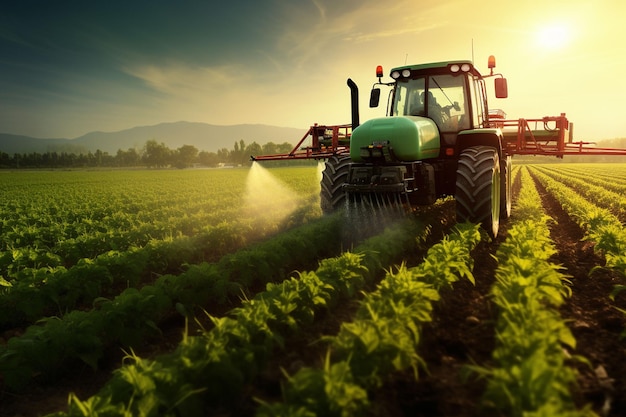 Traktor sprüht Pestizid-Düngemittel auf das Ackerland