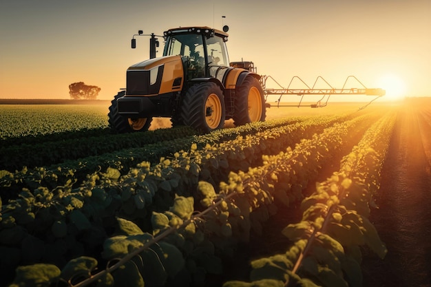 Traktor sprüht Pestizide auf Sojabohnenfeld bei der KI-Generation im Frühjahr