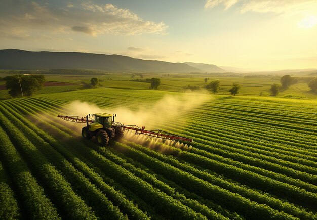 Traktor sprüht Pestizide auf Sojabohnenfelder