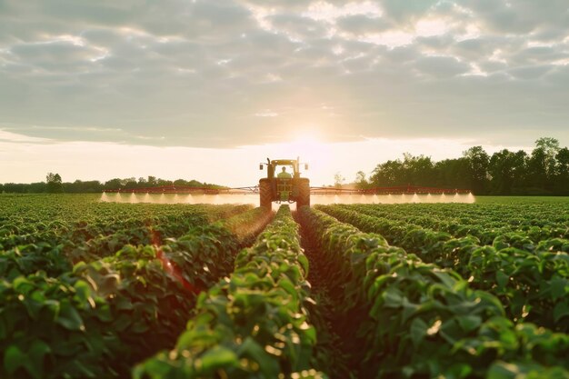 Foto traktor sprüht pestizide auf sojabohnenfeldern mit einem sprayer