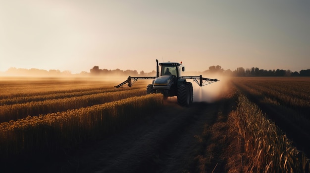 Traktor versprüht bei Sonnenuntergang Pestizide auf Maisfeldern