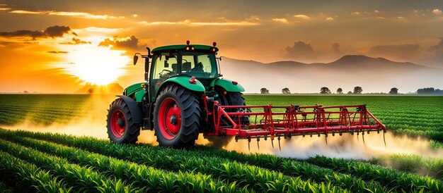 Traktor versprüht Pestizide auf einer Maisfeldplantage bei Sonnenuntergang