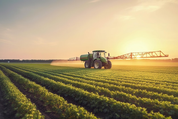 Traktor versprüht Pestizide auf Sojabohnenfeld mit Sprühgerät bei Sonnenuntergang Generative KI