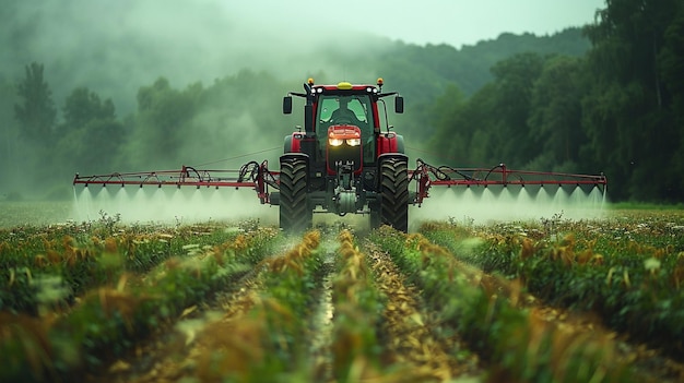 Foto traktor zieht einen sprühgerät an hintergrund