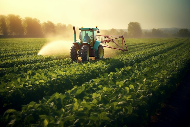 Traktorbewässerung Traktor besprüht ein Feld Bauernhoflandschaft landwirtschaftlich schöne Landschaft