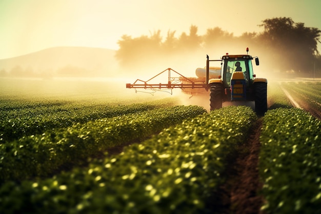 Traktorbewässerung Traktor besprüht ein Feld Bauernhoflandschaft landwirtschaftlich schöne Landschaft