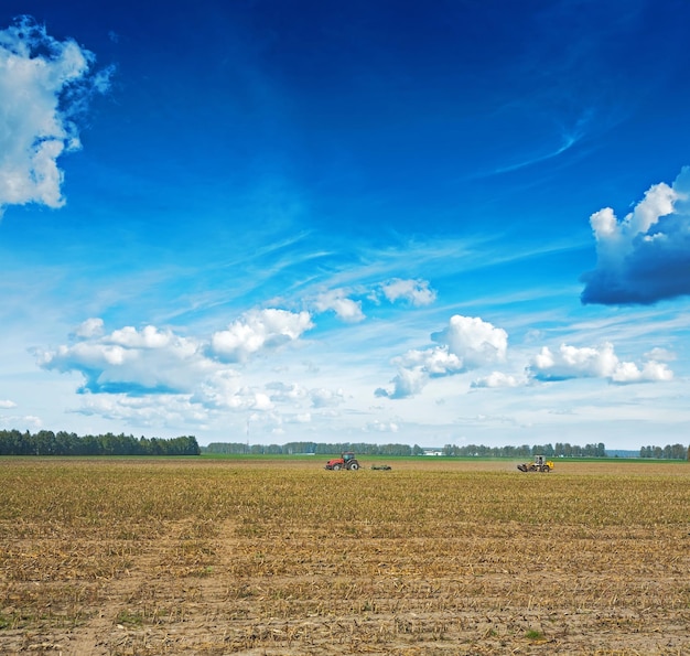 Traktoren, die das Feld nach der Ernte des landwirtschaftlichen Konzepts verarbeiten