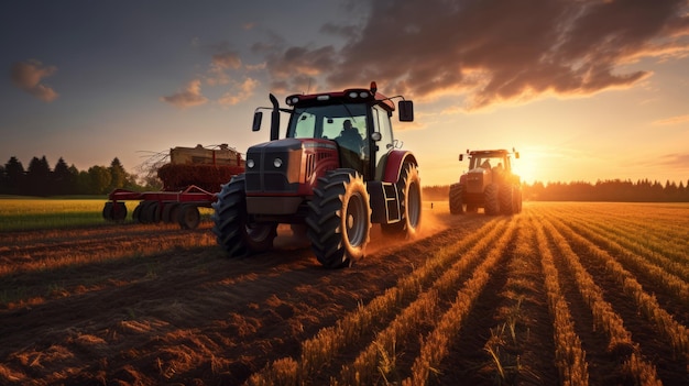 Traktoren und Arbeiter auf dem landwirtschaftlichen Feld am Abend