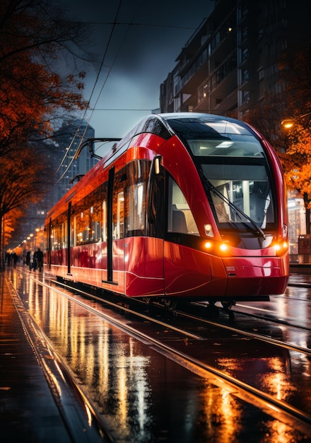 Tram vermelho e preto brilhante na rua Transporte público da cidade trabalhando em um dia chuvoso à noite