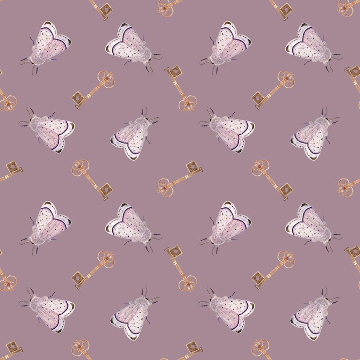 Foto tranca antiga com bela chave e mariposa rosa aquarela padrão sem costura em púrpura empoeirado ilustração pintada à mão perfeita para embrulhar papel têxtil decoração estacionária scrapbooking clipart vintage