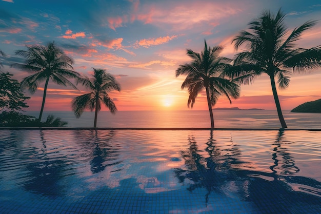 Tranquil Beachfront Luxury Sunset Over Infinity Pool no Tropical Hotel Resort com Ilha Exótica