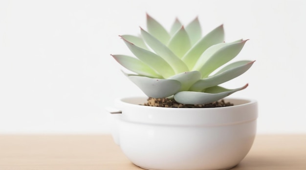 Tranquil Beauty Succulent Echeveria em um pote branco sobre um fundo claro