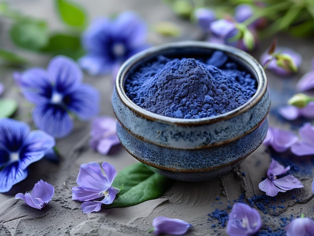 Tranquil Blue Tea Blaues Matcha-Pulver in einem Becher gegen blauen Hintergrund