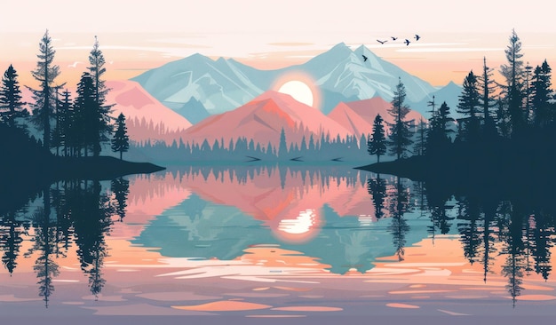 Tranquil Dusk Serene Lake e Montanhas em Sunset Splendor Generative AI