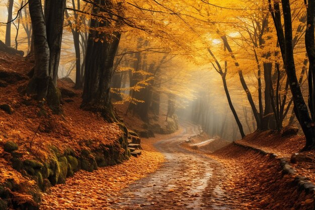 Foto tranquil footpath weaves through foggy autumn forest