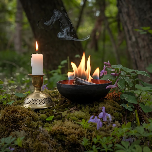 Tranquil Forest Scene with Candle and Flame