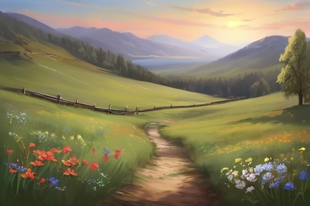 Tranquil Meadow Digitale Malerei von blühenden Papieblumen