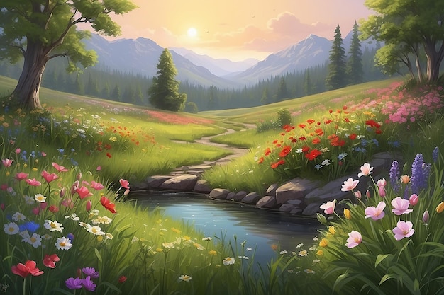 Tranquil Meadow Digitale Malerei von blühenden Papieblumen