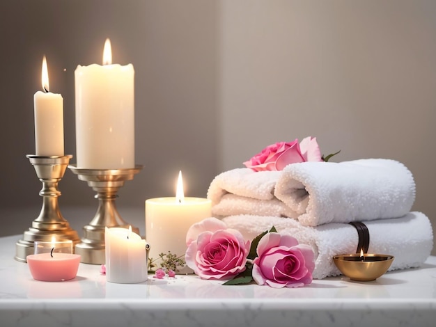 Tranquil Oasis Spa Natura muerta con toallas flores de rosa sales de baño