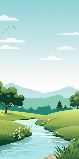 Tranquil Stream Minimalistische Baumlandschaft Illustration Wandpapier
