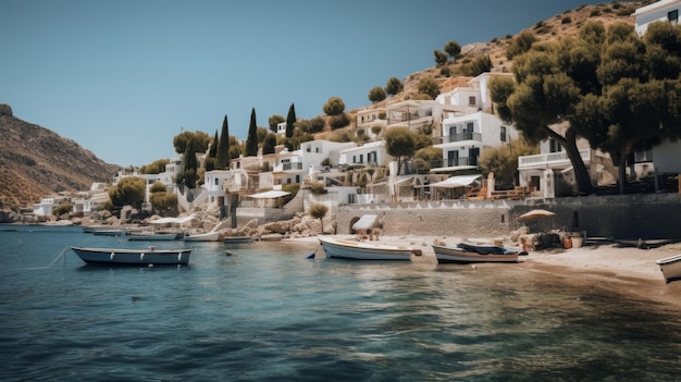 Tranquila aldeia de pescadores gregos com casas brancas e barcos de pesca