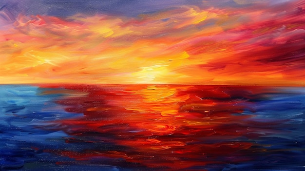 La tranquila belleza del océano al crepúsculo con el cielo en llamas en tonos de naranja ardiente y carmesí profundo proyectando un caloroso resplandor sobre las aguas tranquilas de abajo teñidas de tonos de violeta y azul medianoche