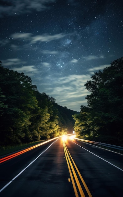 Foto la tranquila carretera bajo el cielo estrellado